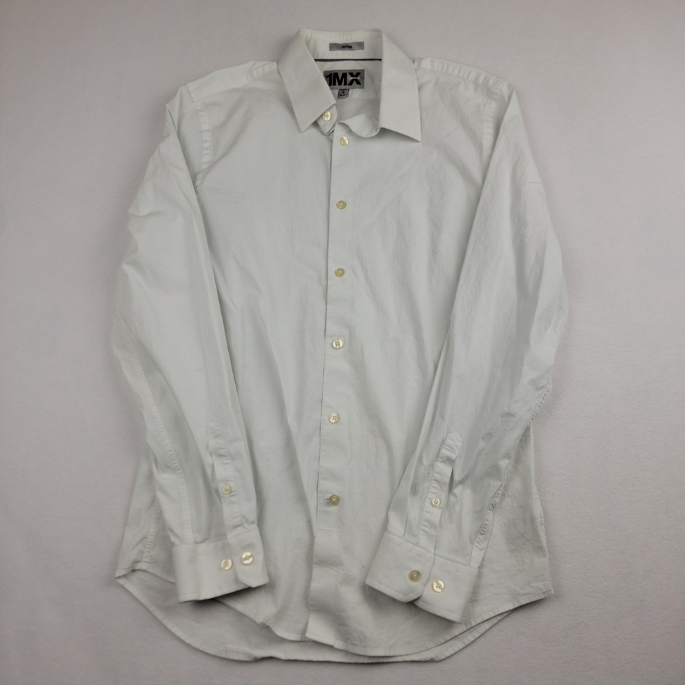 Express 1MX Mens Fitted White Long Sleeve Button Up Shirt Size M 15-15.5 Stretch